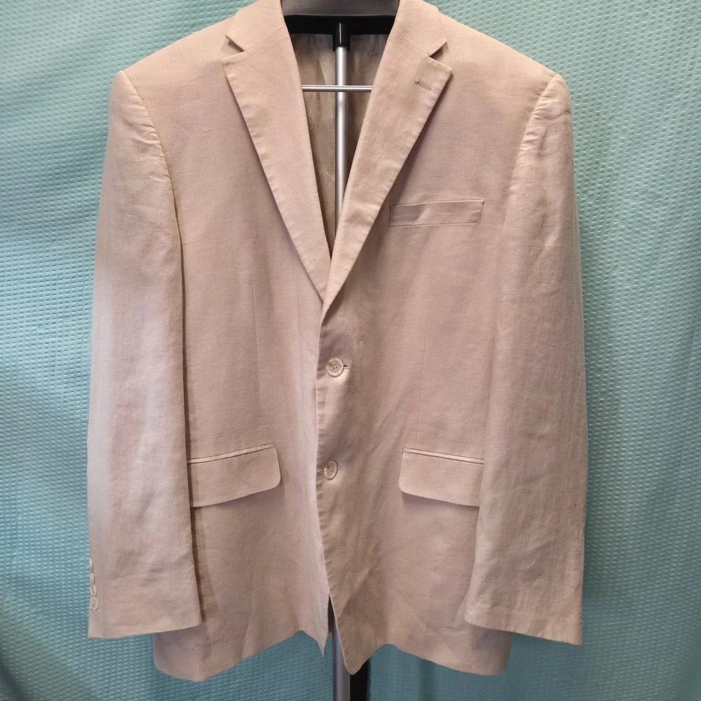 Saddlebred Linen Blazer Mens 44R Tan Beige Two Button Tailored Summer Sport Coat